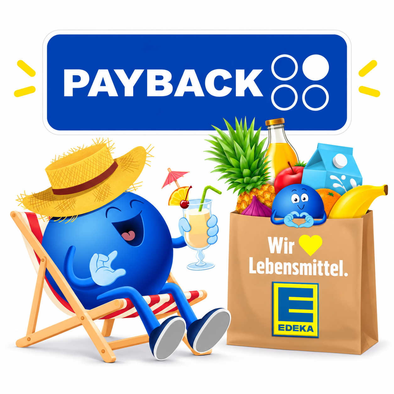 PAYBACK bei EDEKA Jensen mit Sommermotiv, PAYBACK Karte und Einkaufstüte